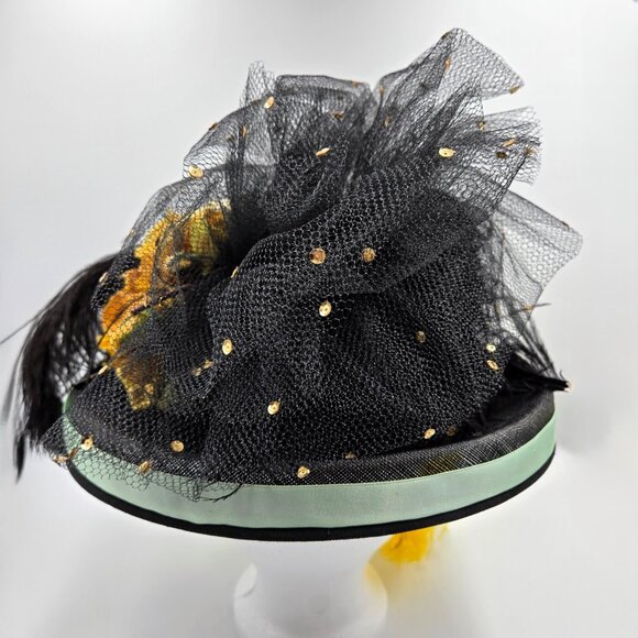 Vintage Hat With Feathers And Flowers Black Yellow Costume Halloween Fancy Read - Picture 5 of 11